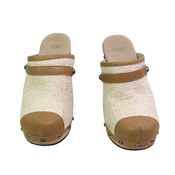 UGG BEIGE TEXTILE LEATHER ROUND TOE HIGH HEEL SANDALS SABO MULES SHOES Sz 8/39 - Picture 2 of 7